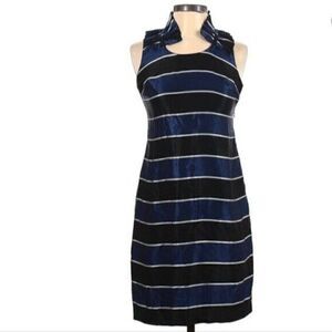 Banana Republic Blue Black Striped Dress Ruffle Neck 00P Side Zip Party Cocktail